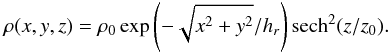 Mathematical equation: \begin{eqnarray} \rho(x,y,z) = \rho_0\exp\left(-\sqrt{x^2+y^2}/h_r\right)\text{sech}^2(z/z_0). \end{eqnarray}