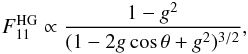 Mathematical equation: \begin{eqnarray} \label{eq:HG} F_{11}^\mathrm{HG}\propto\frac{1-g^2}{(1-2g\cos\theta+g^2)^{3/2}}, \end{eqnarray}