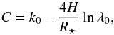 Mathematical equation: \begin{equation} C = k_0 -\frac{4H}{\rstar}\ln\lambda_0, \end{equation}