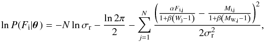 Mathematical equation: \begin{equation} \ln P(F_\mathrm{i}|\pvec) = -N \ln \sigma_\mathrm{r} - \frac{\ln 2\pi}{2} - \sum_{j=1}^N \frac{\left(\frac{\alpha F_\mathrm{i,j}}{1+\beta\left(W_\mathrm{j}-1\right)} - \frac{M_\mathrm{i,j}}{1+\beta\left(M_\mathrm{W,j}-1\right)}\right )^2}{2\sigma_\mathrm{r}^2}, \label{eq:logl_relative_flux} \end{equation}