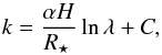 Mathematical equation: \begin{equation} k = \frac{\alpha H}{\rstar} \ln \lambda + C, \end{equation}
