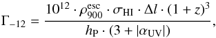 Mathematical equation: \begin{equation} \Gamma_{-12}=\frac{10^{12} \cdot \rho_{900}^{\rm esc} \cdot \sigma_{\rm HI} \cdot \Delta l \cdot (1+z)^3}{h_{\rm P} \cdot (3+|\alpha_{\rm UV}|)} , \end{equation}