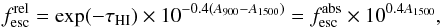 Mathematical equation: \begin{equation} f^{\rm rel}_{\rm esc}=\exp(-\tau_{\rm HI})\times 10^{-0.4(A_{900}-A_{1500})}=f^{\rm abs}_{\rm esc}\times 10^{0.4A_{1500}}, \end{equation}
