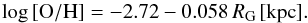 Mathematical equation: \begin{equation} \log{[\O/\H]} = -2.72-0.058\,R_{\rm G}\,[\mathrm{kpc}]. \label{eq:oxygen} \end{equation}