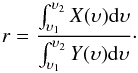 Mathematical equation: \appendix \setcounter{section}{2} \begin{equation} r = \frac{\int_{\upsilon_1}^{\upsilon_2}{X(\upsilon){\rm d}\upsilon}}{\int_{\upsilon_1}^{\upsilon_2}{Y(\upsilon){\rm d}\upsilon}} \label{eq:ratio1} \cdot \end{equation}