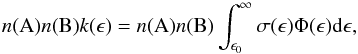 Mathematical equation: \appendix \setcounter{section}{3} \begin{equation} n({\rm A})n({\rm B})k(\epsilon) = n({\rm A})n({\rm B}) \int_{\epsilon_0}^\infty \sigma(\epsilon)\Phi(\epsilon){\rm d}\epsilon \label{eq:reactionRate} , \end{equation}