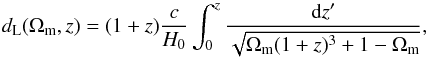 Mathematical equation: \begin{equation} d_{\rm L}(\Omega_{\rm m},z) = (1+z)\frac{c}{H_0} \int_0^z \frac{{\rm d}z'}{\sqrt{\Omega_{\rm m} (1+z)^3 + 1 - \Omega_{\rm m}}}, \label{dlflat} \end{equation}