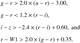 Mathematical equation: \begin{equation} \begin{array}{l} g-r > 2.0 \times (u-r)-3.00,\\[2mm] g-r < 1.2 \times (r-i),\\[2mm] i-z > -2.4 \times (r-i)+0.60, \; \textnormal{and}\\[2mm] r-W1 > 2.0 \times (g-r)+0.35. \end{array} \label{eq:cc_ugrizw1} \end{equation}