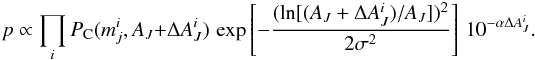 Mathematical equation: \begin{equation} p \propto \prod_i P_{\rm C}(m_j^i, A_J + \Delta A_J^i) \, \exp \left[-\frac{(\ln [(A_J+\Delta A_J^i)/A_J])^2}{2\sigma^2} \right] \, 10^{-\alpha \Delta A_J^i}. \label{eq:combined} \end{equation}