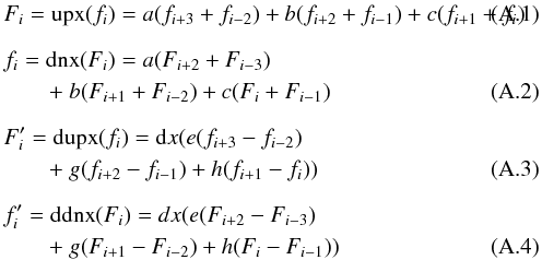 Mathematical equation: \appendix \setcounter{section}{1} \begin{eqnarray} &&F_{i} = {\rm upx}(f_{i}) = a(f_{i+3}+f_{i-2})+ b(f_{i+2} + f_{i-1})+c(f_{i+1} + f_{i}) \label{upx} \\[2.2mm] &&f_{i}= {\rm dnx}(F_{i}) = a(F_{i+2}+F_{i-3}) \nonumber\\ &&\qquad +~ b(F_{i+1}+F_{i-2})+c(F_{i}+F_{i-1}) \label{dnx} \\[2.2mm] &&F'_{i}= {\rm dupx}(f_{i})= \rd x(e(f_{i+3}-f_{i-2}) \nonumber\\ &&\qquad +~ g(f_{i+2}-f_{i-1})+h(f_{i+1}-f_{i})) \label{dupx} \\[2.2mm] &&f'_{i}= {\rm ddnx}(F_{i})= dx(e(F_{i+2}-F_{i-3}) \nonumber\\ &&\qquad +~ g(F_{i+1}-F_{i-2})+h(F_{i}-F_{i-1})) \label{ddnx} \end{eqnarray}