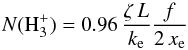 Mathematical equation: \begin{equation} \label{Eq:Indriolo} N(\hhhpm) = 0.96 \, \frac{\zeta \, L}{k_{\rm e}} \frac{f}{2 \, x_{\rm e}} \end{equation}