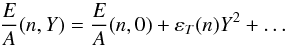 Mathematical equation: \begin{equation} \frac{E}{A}(n,Y)= \frac{E}{A}(n,0)+ \varepsilon_{T}(n)Y^2+\dots \end{equation}