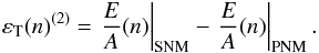 Mathematical equation: \begin{eqnarray} \label{eq:sym:parab} \varepsilon_{\rm T}(n)^{(2)}= \left.\frac{E}{A}(n)\right|_{\rm SNM}- \left.\frac{E}{A}(n)\right|_{\rm PNM}. \end{eqnarray}