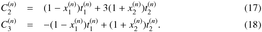Mathematical equation: \begin{eqnarray} C^{(n)}_2&=&(1-x_1^{(n)})t_1^{(n)}+3(1+x_2^{(n)})t_2^{(n)} \\ C^{(n)}_3&=&-(1-x_1^{(n)})t_1^{(n)}+(1+x_2^{(n)})t_2^{(n)} . \end{eqnarray}