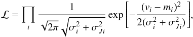 Mathematical equation: \begin{equation} \mathcal{L} = \prod_i \frac{1}{\sqrt{2\pi}\sqrt{\sigma_i^2 + \sigma_{Ji}^2}} \exp{\left[-\frac{(v_i - m_i)^2}{2 (\sigma_i^2 + \sigma_{Ji}^2)}\right]}, \label{eq.likelihood} \end{equation}