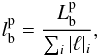 Mathematical equation: \begin{eqnarray} \label{lbpn} l_{\rm b}^{\rm p} = \frac{L_{\rm b}^{\rm p}}{\sum_i |\ell|_i} , \end{eqnarray}