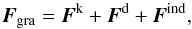 Mathematical equation: \begin{equation} \label{gravitational_force} \vec{F}_{\rm gra}=\vec{F}^{\rm k}+\vec{F}^{\rm d}+\vec{F}^{\rm ind}, \end{equation}