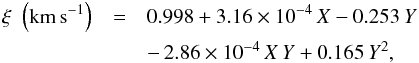 Mathematical equation: \begin{eqnarray} \label{eq:micro} \xi \,\,\left(\rm{km\,s^{-1}}\right) &=& 0.998 + 3.16\times10^{-4}\,X - 0.253\,Y \nonumber \\ &&-\,2.86 \times 10^{-4}\,X\,Y + 0.165\,Y^2, \end{eqnarray}