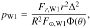 Mathematical equation: \begin{equation} p_{\rm W1} = \frac{F_{r,{\rm W1}}r^2\Delta^2}{R^2F_{\odot, {\rm W1}}\Phi(\theta)}, \label{eq:pIR} \end{equation}