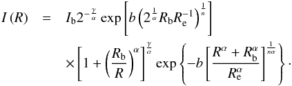 Mathematical equation: \begin{eqnarray} \label{f_core_sersic} I\left( R \right) &=& I_{\rm b}2^{-\frac{\gamma}{\alpha}} \exp\left[ b\left( 2^{\frac{1}{\alpha}}R_{\rm b} R_{\rm e}^{-1} \right)^{\frac{1}{n}} \right] \\ && \times \left[1+ \left(\frac{R_{\rm b}}{R}\right)^{\alpha} \right]^{\frac{\gamma}{\alpha}}\exp\left\{ -b\left[ \frac{R^{\alpha}+ R_{\rm b}^{\alpha}}{R_{\rm e}^{\alpha}} \right]^{\frac{1}{n\alpha} }\right\}\cdot\nonumber \end{eqnarray}
