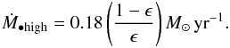 Mathematical equation: \begin{eqnarray} \label{fmod_high} \mh=0.18\left(\frac{1-\epsilon}{\epsilon}\right)\msun\,\mbox{yr}^{-1} . \end{eqnarray}