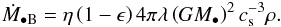 Mathematical equation: \begin{eqnarray} \label{formula_bondi_classic} \dot{M}_{\bullet {\rm B}}=\eta\left(1-\epsilon\right)4\pi\lambda\left(G\mbh \right)^{2}c_{\rm s}^{-3}\rho . \end{eqnarray}