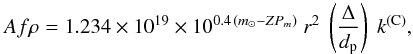 Mathematical equation: \begin{equation} A f \rho = 1.234\times 10^{19} \times 10^{0.4\,(m_\odot - {ZP}_m)} \ r^2 \ \left(\frac{\Delta}{d_{\rm p}}\right) \ \kk \label{Eq_Afrho} , \end{equation}