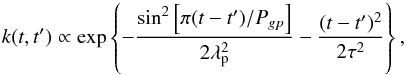 Mathematical equation: \begin{equation} \label{eq:cov_qp} {k(t,t')} \propto \exp \left\{ - \frac{\sin^2 \left[\pi (t-t')/P_{gp}\right]}{2 \lambda_{\rm p}^2} - \frac{(t-t')^2}{2\tau^2} \right\}, \end{equation}