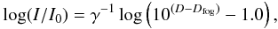 Mathematical equation: \begin{eqnarray} \log(I/I_0) = \gamma^{-1} \log \left(10^{(D-D_{\rm fog})} - 1.0\right), \label{eq:dens} \end{eqnarray}