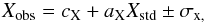 Mathematical equation: \appendix \setcounter{section}{1} \begin{eqnarray} {X_{\rm obs}} = {c_{\rm X}} + {a_{\rm X}} {X_{\rm std}} \pm \sigma_\mathrm{x,} \end{eqnarray}