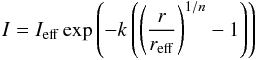 Mathematical equation: \begin{eqnarray} I = I_{\rm{eff}}\exp{\left(-k\left(\left(\frac{r}{r_{\rm{eff}}}\right)^{1/n} - 1\right)\right)} \label{eq_sersic} \end{eqnarray}
