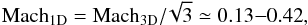 Mathematical equation: \begin{equation} \rm{Mach_{1D}=Mach_{3D}/\!\sqrt{3} \simeq 0.13{-}0.42} , \end{equation}