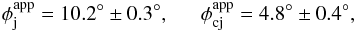 Mathematical equation: \begin{equation} \phi^{\mathrm{app}}_{\mathrm{j}}=10.2^{\circ} \pm 0.3^{\circ}, ~~~~~~ \phi^{\mathrm{app}}_{\mathrm{cj}}=4.8^{\circ} \pm 0.4^{\circ} , \end{equation}