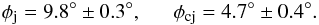 Mathematical equation: \begin{equation} \phi_{\mathrm{j}}=9.8^{\circ} \pm 0.3^{\circ}, ~~~~~~ \phi_{\mathrm{cj}}=4.7^{\circ} \pm 0.4^{\circ} . \end{equation}