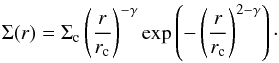 Mathematical equation: \begin{equation} \Sigma(r) = \Sigma_{\rm c} \left(\frac{r}{r_{\rm c}}\right)^{-\gamma} {\rm exp}\left(-\left(\frac{r}{r_{\rm c}}\right)^{2-\gamma}\right) \cdot \end{equation}