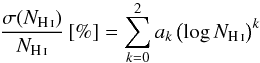 Mathematical equation: \begin{equation} \frac{\sigma(N_\ion{H}{i})}{N_\ion{H}{i}} \left[\%\right] = \sum_{k=0}^2 a_k \left(\log N_\ion{H}{i}\right)^k \end{equation}