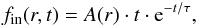 Mathematical equation: \begin{eqnarray} f_{\rm{in}}(r,t)=A(r)\cdot t\cdot {\rm e}^{-t/\tau}, \label{eq:infall rate} \end{eqnarray}