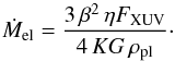 Mathematical equation: \begin{equation} \label{EqMloss_erglim} \dot{M}_{\mathrm{el}} = \frac{3\,\beta^2\,\eta F_{\mathrm{XUV}}}{4\,KG\,\rho_{\mathrm{pl}}} \cdot \end{equation}