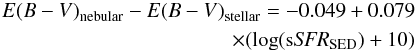 Mathematical equation: \appendix \setcounter{section}{1} \begin{eqnarray} \label{eq:attdiff} {E(B-V)}_\mathrm{nebular}-{E(B-V)}_\mathrm{stellar}=-0.049+0.079\nonumber\\ \times(\log(\mathrm{s}\textit{SFR}_\mathrm{SED})+10) \end{eqnarray}