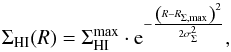 Mathematical equation: \begin{equation} \Sigma_{\rm HI}(R) = \Sigma_{\rm HI}^{\rm max} \cdot {\rm e}^{-\frac{\left(R-R_{\rm \Sigma,max}\right)^2}{2\sigma_{\Sigma}^2}}, \label{eq:Gaussian} \end{equation}