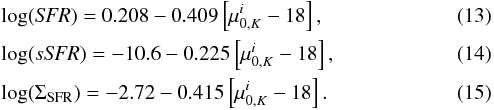Mathematical equation: \begin{eqnarray} &&\log ({\it SFR}) = 0.208 - 0.409 \left[\mu_{0,K}^{i} - 18\right] , \\ &&\log (s{\it SFR}) = -10.6 - 0.225 \left[\mu_{0,K}^{i} - 18\right] , \\ &&\log (\Sigma_{\rm SFR}) = -2.72 - 0.415 \left[\mu_{0,K}^{i} - 18\right]. \end{eqnarray}