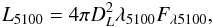 Mathematical equation: \begin{eqnarray} \label{l5100} L_{5100} = 4 \pi D_{L} ^{2} \lambda_{5100} F_{\lambda5100}, \end{eqnarray}
