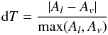Mathematical equation: \begin{eqnarray} {\rm d}T = \frac{|A_l - A_v|}{\max(A_l,A_v)} \end{eqnarray}