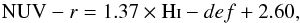 Mathematical equation: \appendix \setcounter{section}{2} \begin{equation} {\rm NUV}-r = 1.37 \times {\rm H\textsc{i}}-def + 2.60, \end{equation}