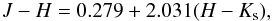 Mathematical equation: \begin{eqnarray} J-H = 0.279 + 2.031 (H-K_{\rm s}), \end{eqnarray}