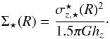 Mathematical equation: \begin{equation} \protect\label{eqn:vdk*} \Sigma_{\star}(R)=\frac{\sigma_{z\rm,\star}^{\star}(R)^2}{1.5 \pi G h_z}\cdot \end{equation}