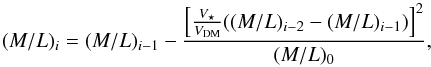 Mathematical equation: \begin{equation} (M/L)_i = (M/L)_{i-1} - \frac{\left[\frac{V_\star}{V_{\rm DM}} ((M/L)_{i-2}-(M/L)_{i-1})\right]^2 }{(M/L)_0} , \end{equation}