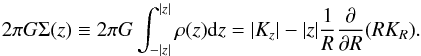 Mathematical equation: \begin{equation} \protect\label{eqn:radder} 2\pi G \Sigma(z)\equiv 2\pi G \int_{-|z|}^{|z|}\rho(z){\rm d}z=|K_z|-|z| \frac{1}{R}\frac{\partial}{\partial R} (RK_R). \end{equation}