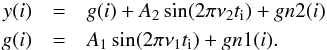 Mathematical equation: \begin{eqnarray} y(i) & = & g(i) + A_2\sin(2\pi\nu_{2}t_{\rm i}) + gn2(i) \nonumber \\ g(i) & = & A_1\sin(2\pi\nu_{1}t_{\rm i}) + gn1(i) . \end{eqnarray}