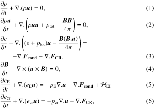 Mathematical equation: \begin{eqnarray} \label{mass}&& \frac{\partial \rho}{\partial t} + \nabla. (\rho \vec{u})= 0 ,\\ \label{momentum}&&\frac{\partial \rho \vec{u}} {\partial t} + \nabla. \left(\rho \vec{u}\vec{u}+p_{\rm tot}-\frac{\vec{BB}}{4 \pi}\right)= 0 ,\\ \label{energy}&&\frac{\partial e} {\partial t} + \nabla. \left((e+p_{\rm tot})\vec{u}-\frac{\vec{B (B.u)}}{4 \pi}\right)= \nonumber \\ &&\qquad-\nabla.\vec{F_{\rm cond}}- \nabla.\vec{F_{\rm CR}} ,\\ \label{magnetic}&&\frac{\partial \vec{B}} {\partial t} - \nabla \times (\vec{u} \times \vec{B} )=0 ,\\ \label{electron}&&\frac{\partial e_{\rm E}} {\partial t} + \nabla. (e_{\rm E}\vec{u})=-p_{\rm E}\nabla.\vec{u} - \nabla.\vec{F_{\rm cond}} + \mathcal H_{\rm EI} \\ \label{cosmic}&&\frac{\partial e_{\rm cr}} {\partial t} + \nabla. (e_{\rm cr}\vec{u})=-p_{\rm cr}\nabla.\vec{u} - \nabla.\vec{F}_{\rm CR}, \end{eqnarray}